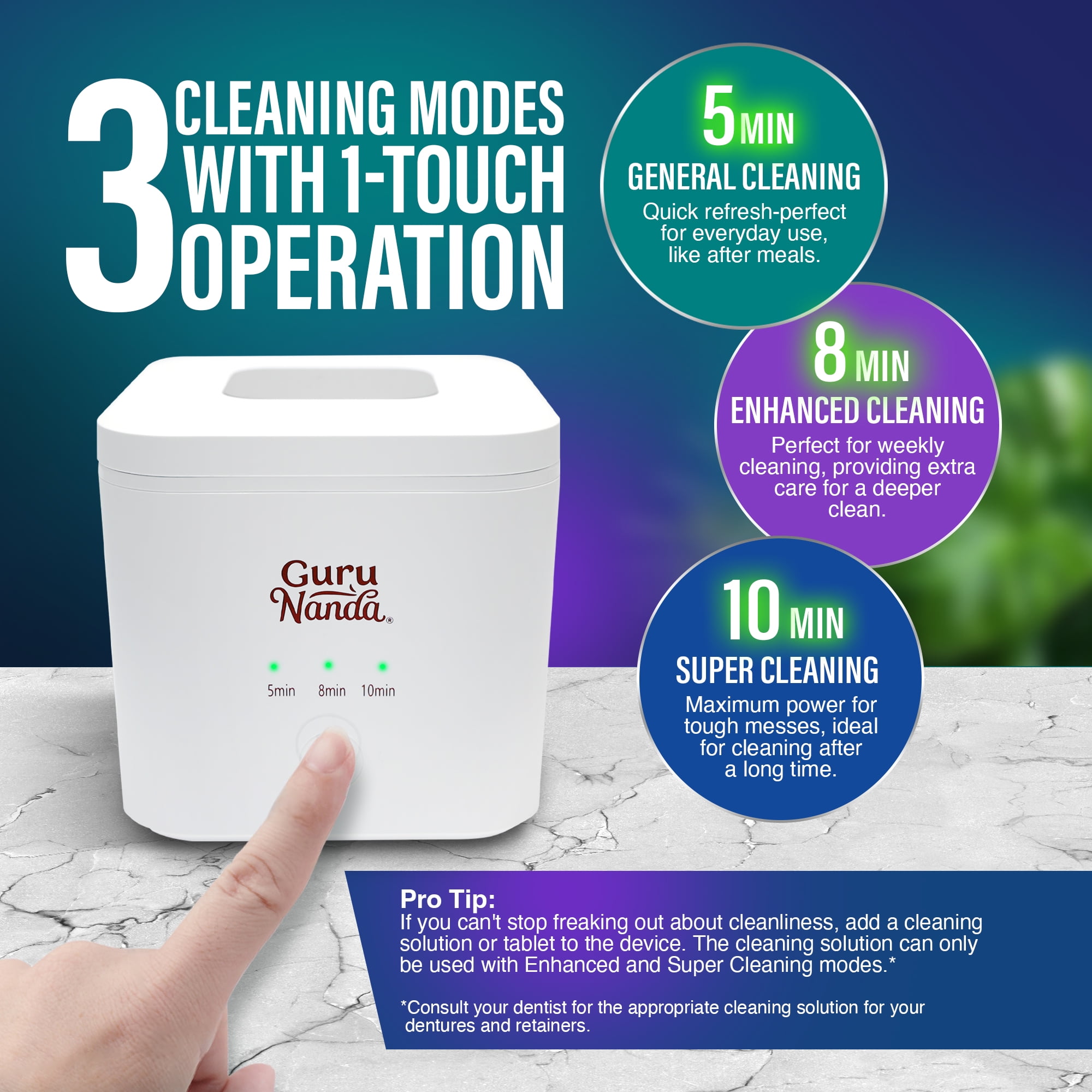 GuruNanda Retainer & Aligner Cleaning Pod for Retainers, Dentures, Mouthguards, Aligners- 3 Modes, 45kHz Ultrasonic Cleaner, 190 ml Capacity