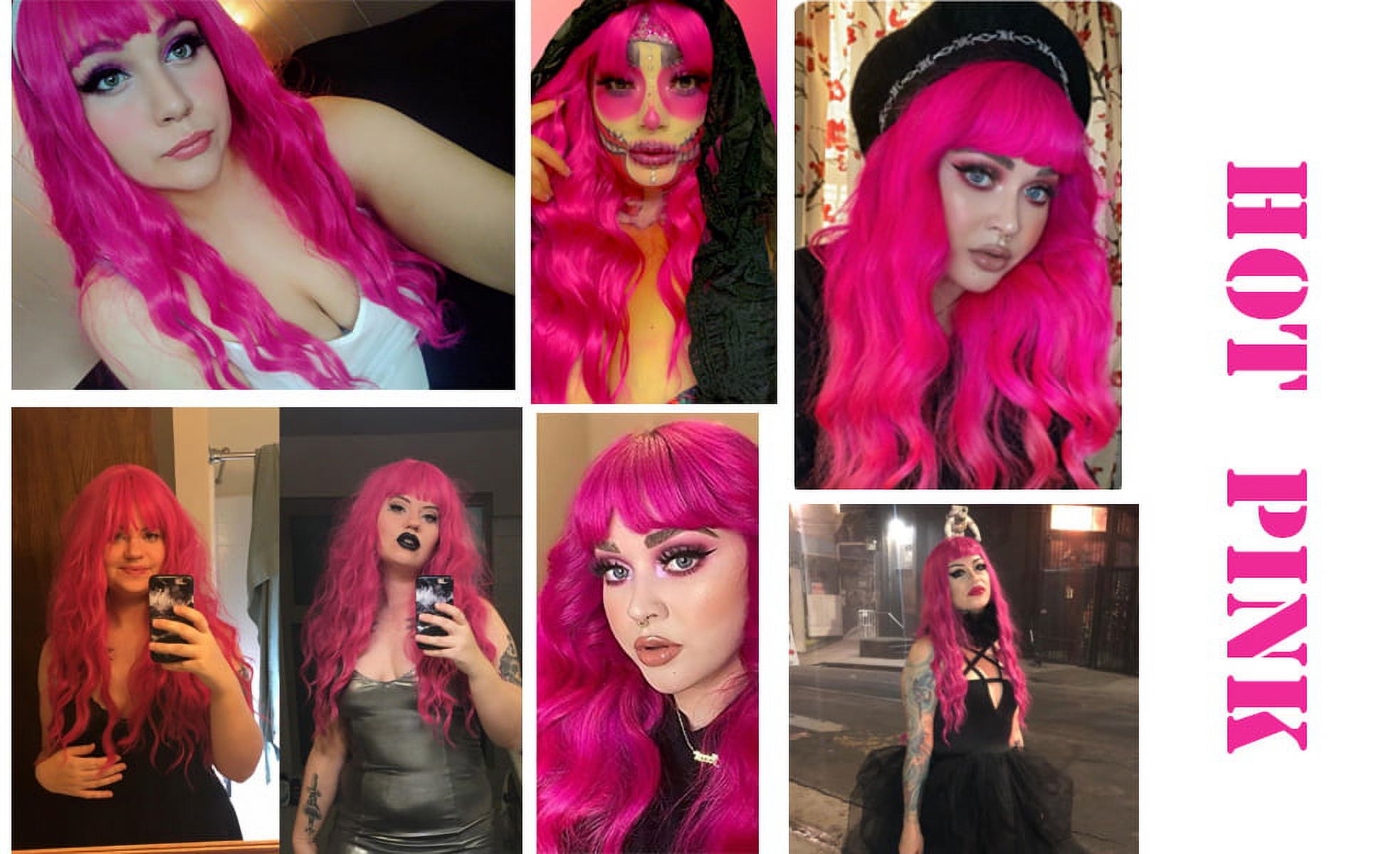 RightOn Hot Pink Wig Long Curly Wig with Bangs Women Rose Red Wigs Cosplay Party Costume Synthetic Wigs with Wig Cap
