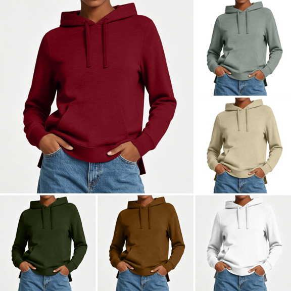 Josdec Drawstring Hooded Sweatshirts for Women Solid Color Long Sleeve Pullover Kangaroo Pocket Side Split Hem Casual Hoodies S-2XL
