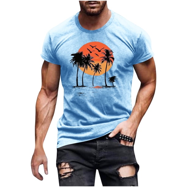 Hombres Pantalones Cortos de Manga Corta Impresa Casual Cuello Redondo Superior, Camisa de Moda para el Verano Y la Primavera