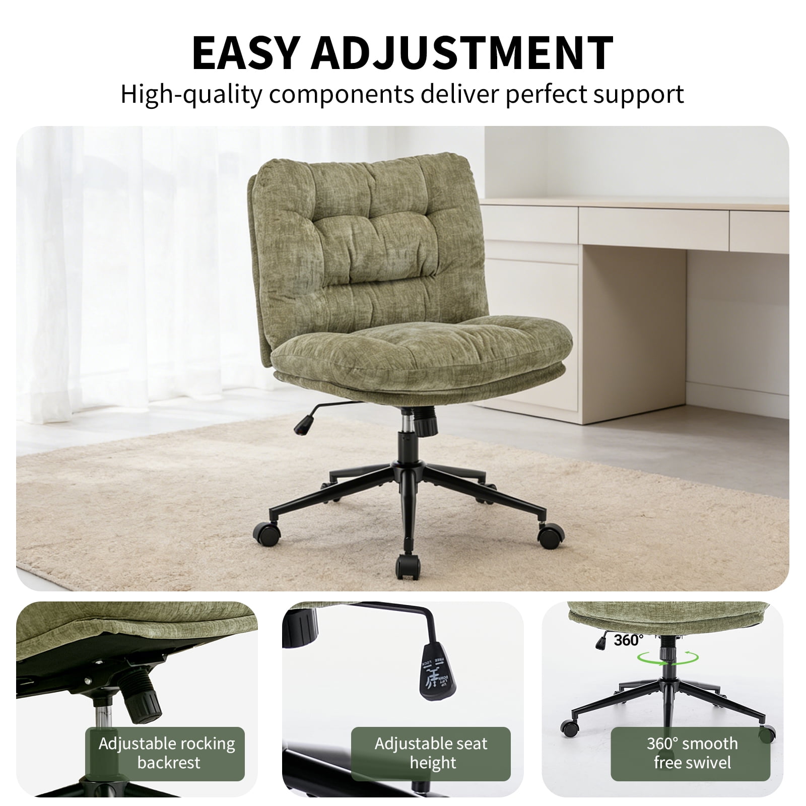 Soft Chenille Cross-Legged Office Chair, Wide Seat Armless Desk Chair with Double Cushion, Swivel Adjustable Vanity Chair for Bedroom, Home Office, Green,EliteEdge