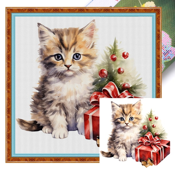 (18CTAFF-310__C__25x25) Hilo algodón ecológico bordado 18CT 2 hebras impresión 25*25cm kit serie punto cruz gato navideño