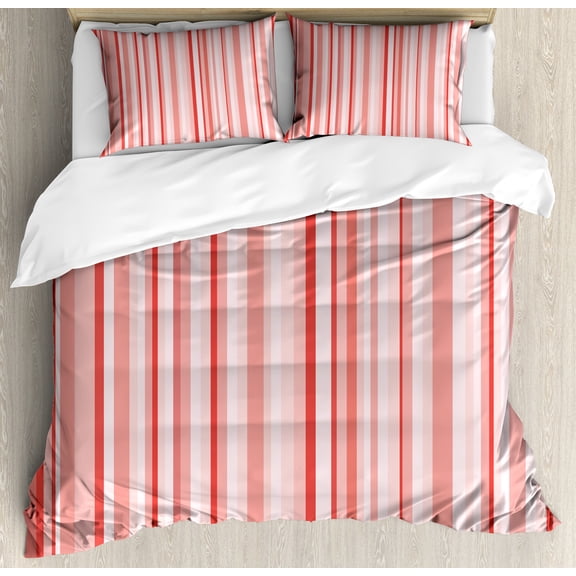 Coral Duvet Cover Set, Vertically Striped Retro Pattern in Soft Colors Pinkish Old Fashioned, Decorative 3 Piece Bedding Set with 2 Pillow Shams, King Size, Coral Pale Pink White, by Ambesonne