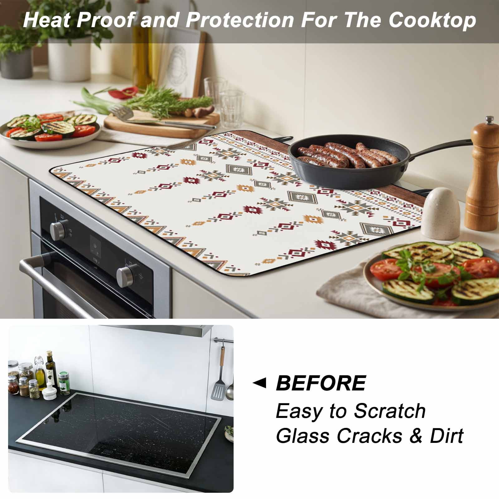 Southwest Geometric Stove Top Cover for Electric Stove, Heat-proof & Non Slip Glass Top Stove Cover Protector, Western Boho Ethnic Beige Grey Wooden Kitchen Flat Cooktop Rubber Mat 24x21 Inches