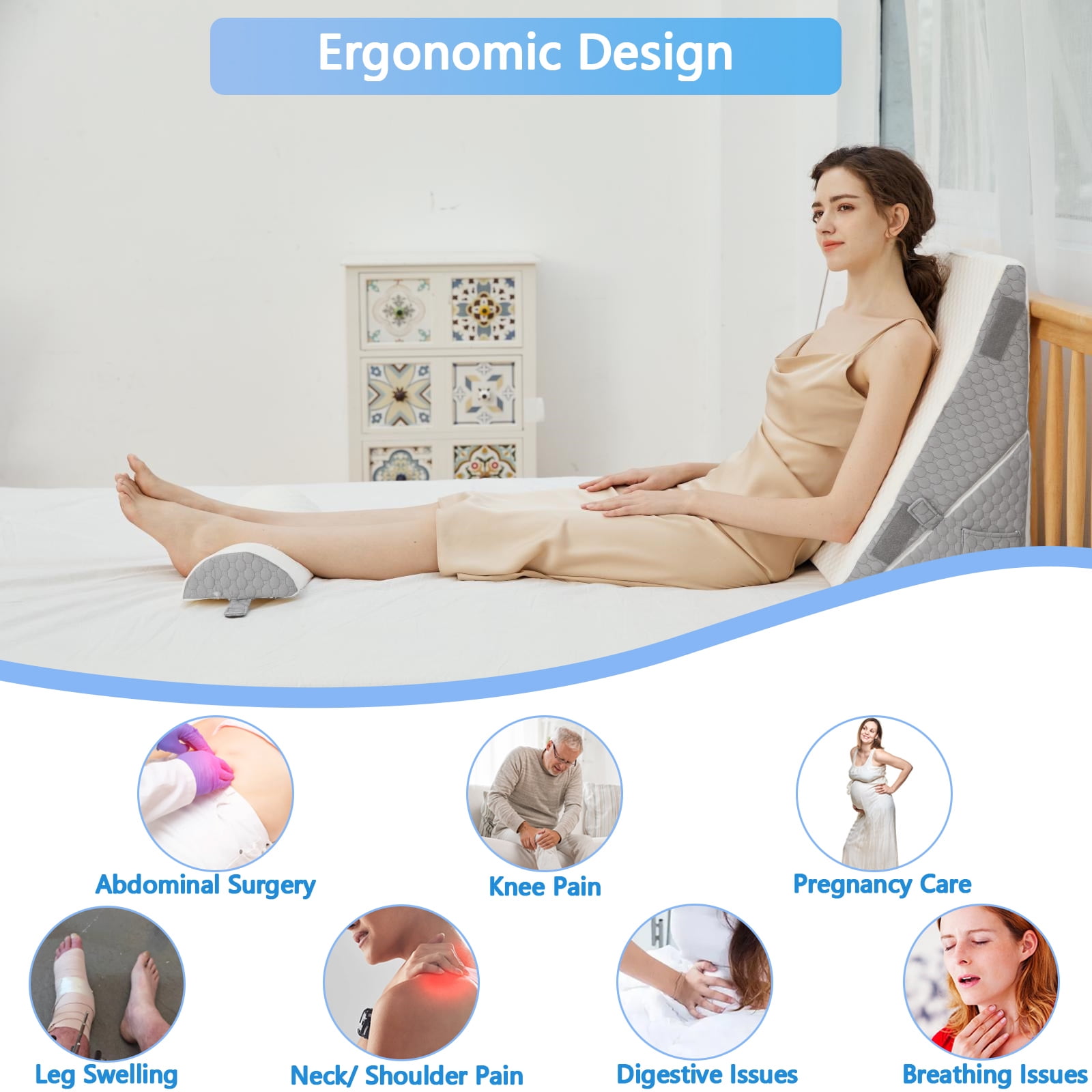 NOSTHEART Bed Wedge Pillow for Sleeping, Memory Foam Wedge Pillow Set for Post Surgery 12 Inch Adjustable Triangle Pillow Wedge with Washable Cover for Legs, Back Pain, Snoring, Alleviate Acid Reflux