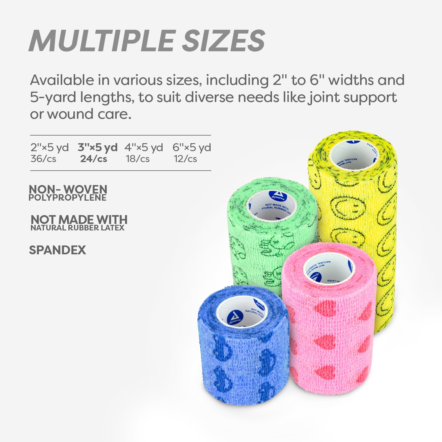 Dynarex Sensi-Wrap Self-Adhesive Bandages, 24-Pack, 3" x 5 yards, Assorted Colors - for Kids, Latex-Free, Colored Elastic Cohesive Athletic Tape, Tattoo Grip & Vet Wrap