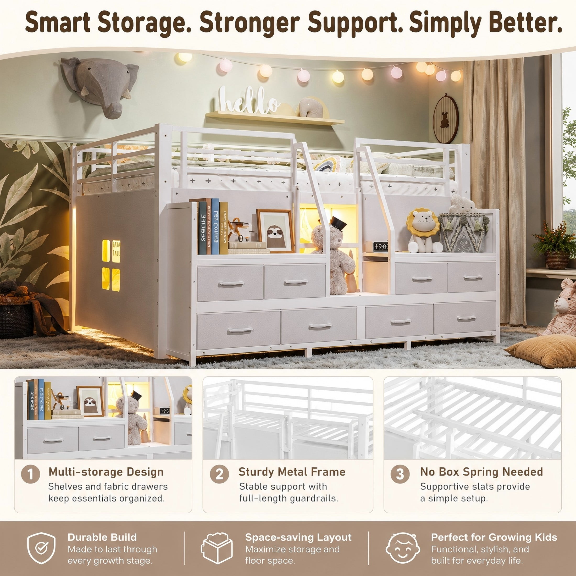Aukfa Full Size Loft Bed with 8 Storage Drawers, Shelves & LED Lights, Metal Low Loft Bed for Kids Bedroom, White