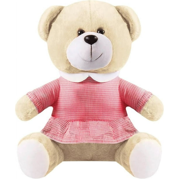 PELUCHERIA - Ositos de Peluche con Vestidos a Cuadros, 25 cm, Marrón, Gris, Azul y Beige