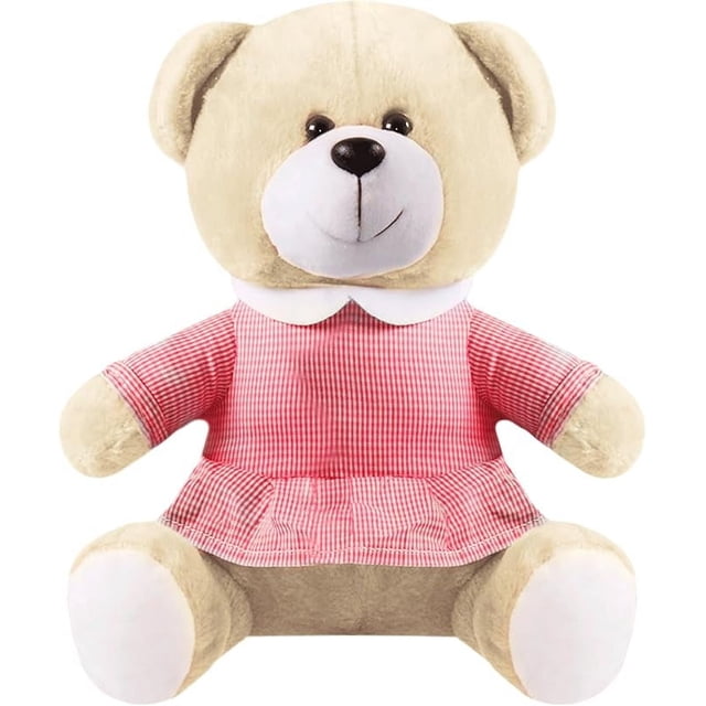 PELUCHERIA - Ositos de Peluche con Vestidos a Cuadros, 25 cm, Marrón, Gris, Azul y Beige