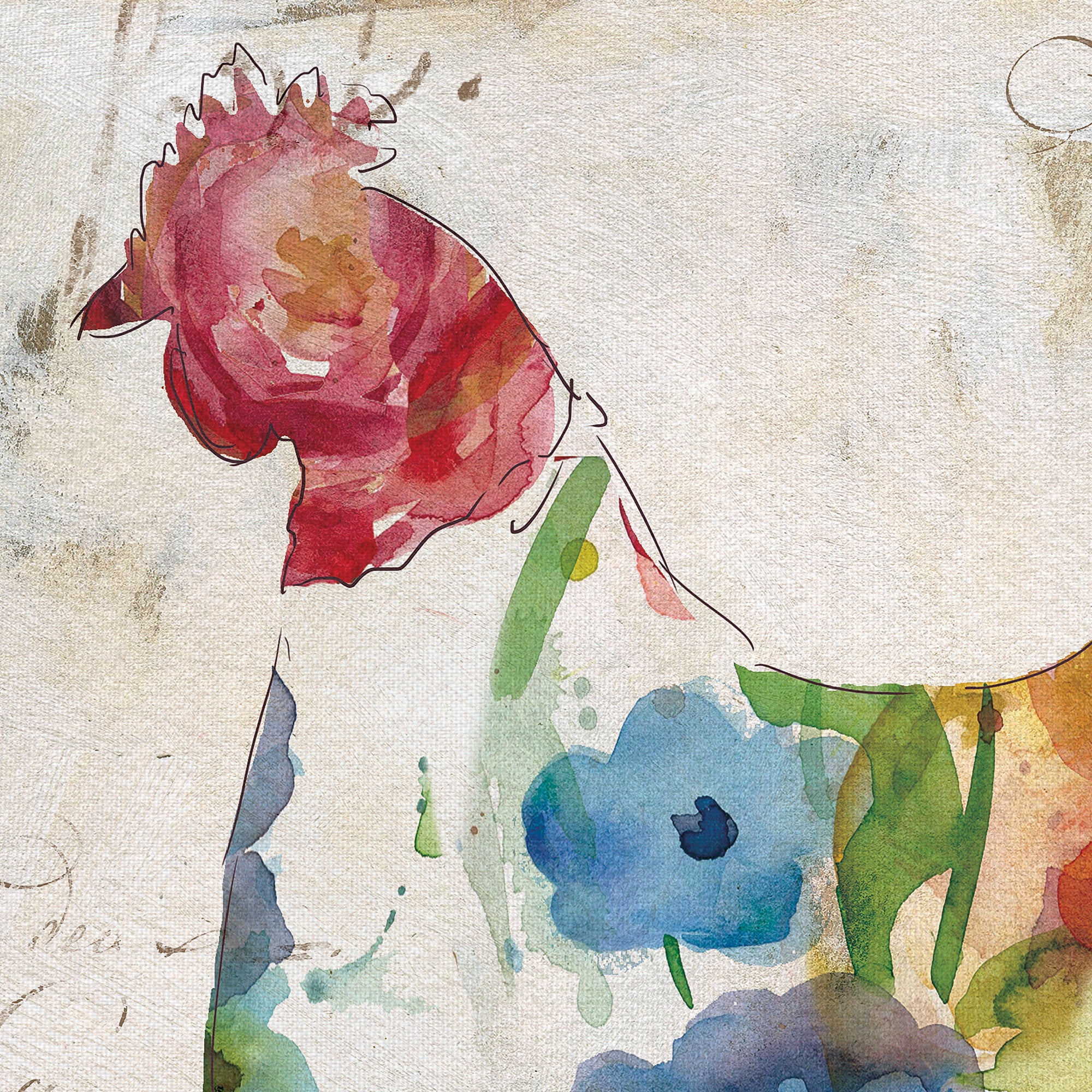 Flowered Hen & Rooster by Carol Robinson Canvas Art Painting Print Set of 2