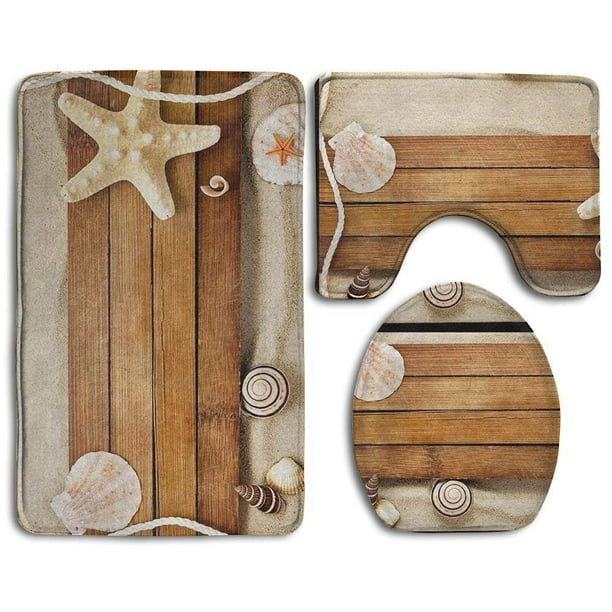 PUDMAD Seashells Starfish Wood On Beach 3 Piece Bathroom Rugs Set Bath