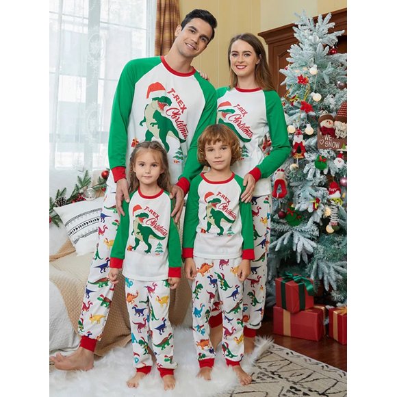 Matching Family Christmas Pajamas Sets Xmas PJ's Dinosaur Long Sleeve Printed Top and Plaid Pants Jammies Sleepwear