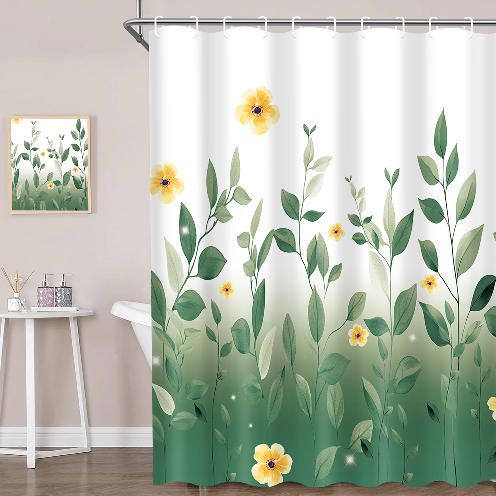 FRAMICS 16-Piece Ombre Floral Shower Curtain Sets with Rugs, Sage Green Eucalyptus Leaves Bathroom Sets, Waterproof Fabric Bathroom Curtain Decor with Hooks