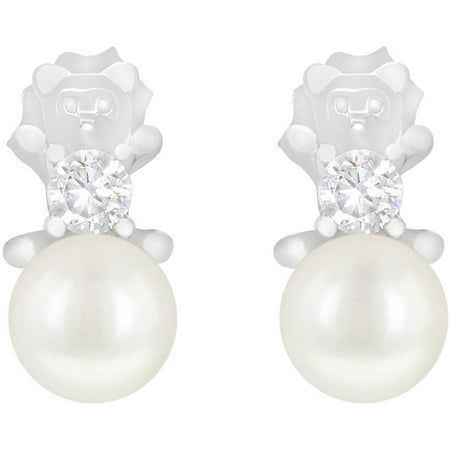 CZ and Round Freshwater Cultured Pearl Sterling Silver Teddy Bear Post Stud Earrings