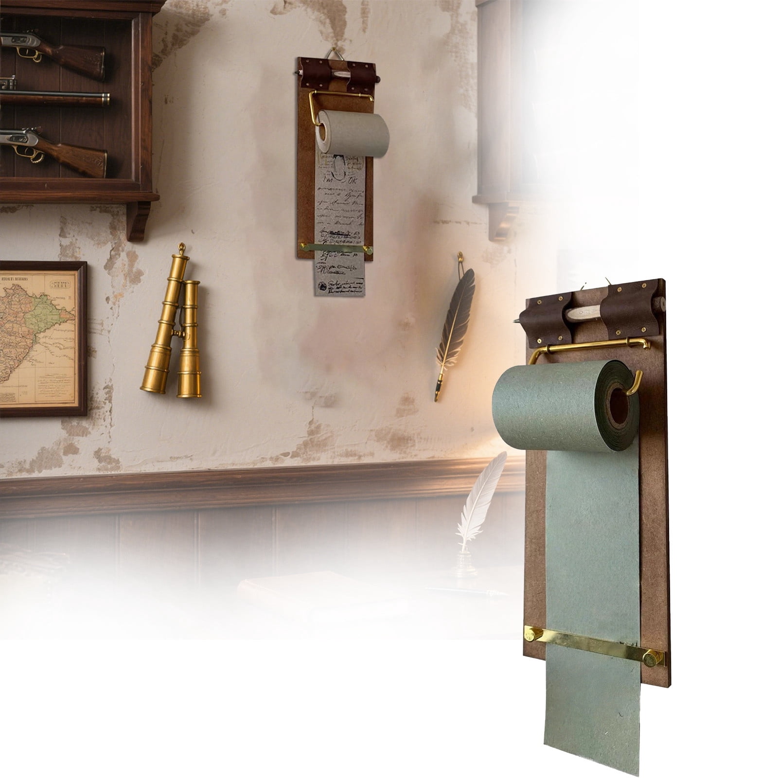 Wall Mounted Note Paper Dispenser with a Brown Roll of Paper Included Vintage Clipboard Hanging Memo Board for Retro Office Kitchen & Home Decor