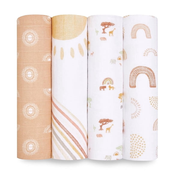 aden + anais Essentials 100% Muslin Cotton Swaddle Blanket, Unisex, 4 Pack, Keep Rising