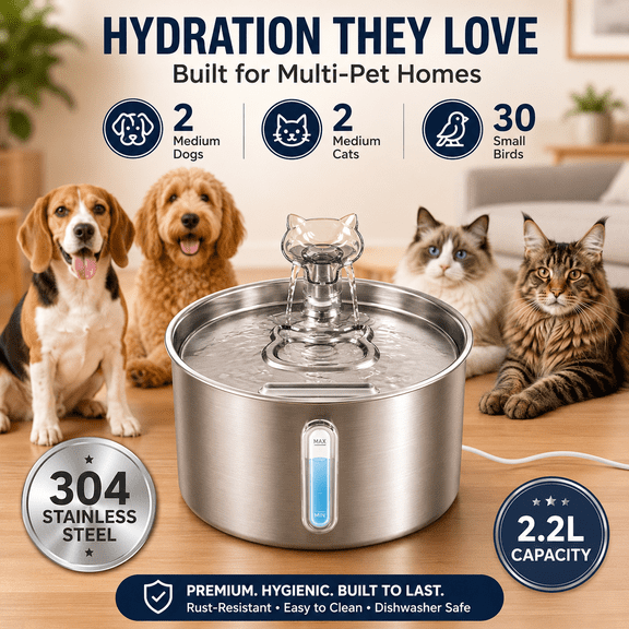 Upgraded 6-Filter Pet Water Fountain, 8.86”×3.35” Food Grade Stainless Steel Cat Water Dispenser, Ultra Quiet Circulating Water System, Full Disassembly Easy Cleaning, Leak-Proof Indoor Automatic Wat