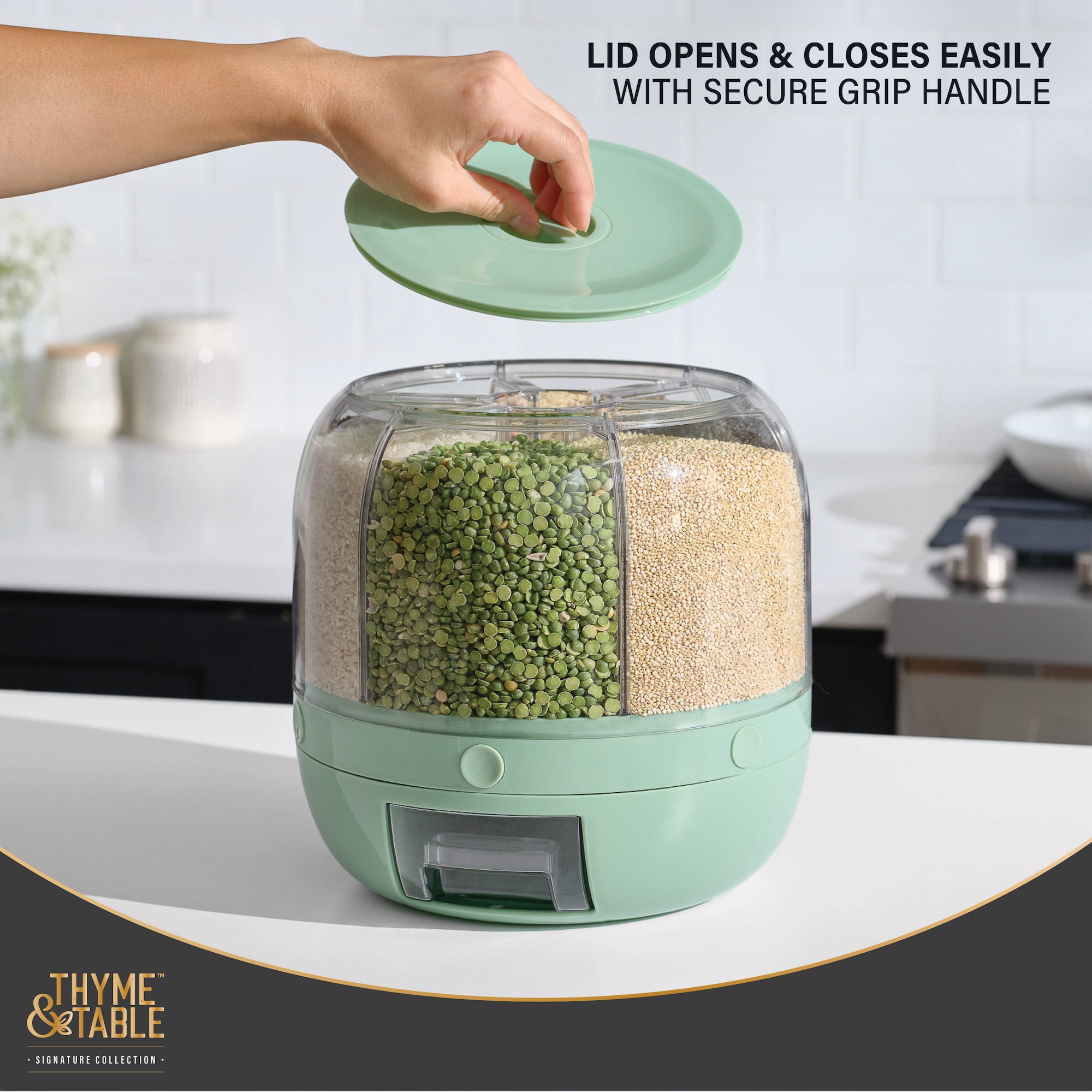 Thyme & Table 6 Section Rotating Plastic Food Storage Dispenser with Removable Drawer, Green