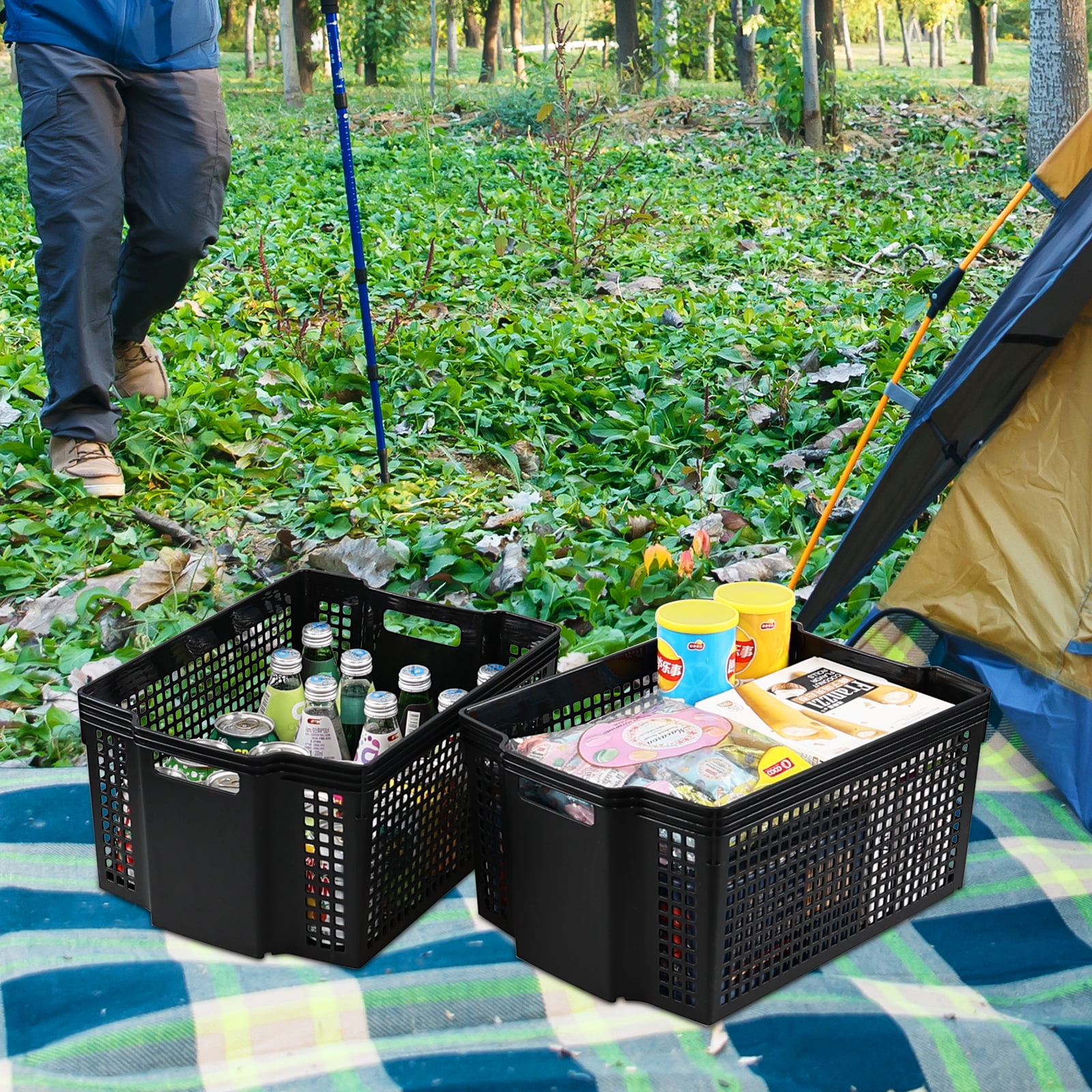 CadineUS 6-Pack Plastic Stackable Baskets with Handles, Rectangle Plastic Storage Basket, Black