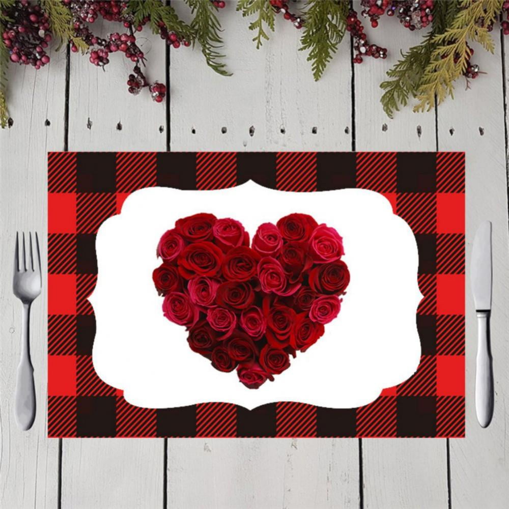 Valentine's Day Placemat Set of 4, Buffalo Plaid Love Heart Place Mat