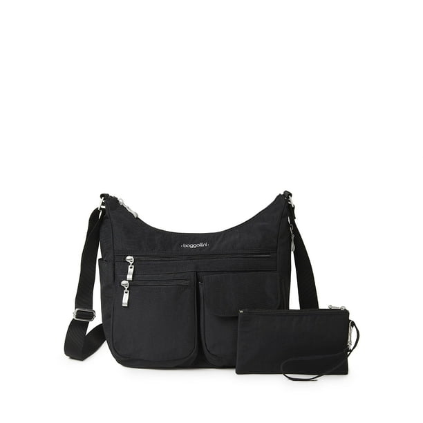 Baggallini Everywhere - Bolso bandolera ligero, multibolsillo, espacioso, resistente al agua, con muñeca RFID, Negro, Talla única