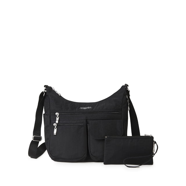 Baggallini Everywhere - Bolso bandolera ligero, multibolsillo, espacioso, resistente al agua, con muñeca RFID, Negro, Talla única