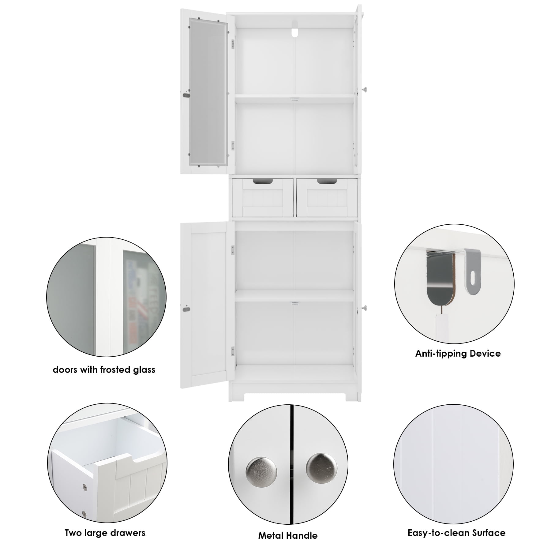 Homfa 2pcs Bathroom Cabinet with 4 Doors, 3-Tier Wood Tall Linen Storage Cabinet with 2 Drawers for Living Room Office, White