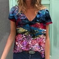 thumbnail image 1 of Hauts d'Été Grande Taille Femmes Décontracté Femmes Été Blouse Imprimée T-Shirts Décontractés Col en V Manches Courtes T-Shirts Hauts Col en V T-Shirt Femmes en Liquidation, 1 of 5