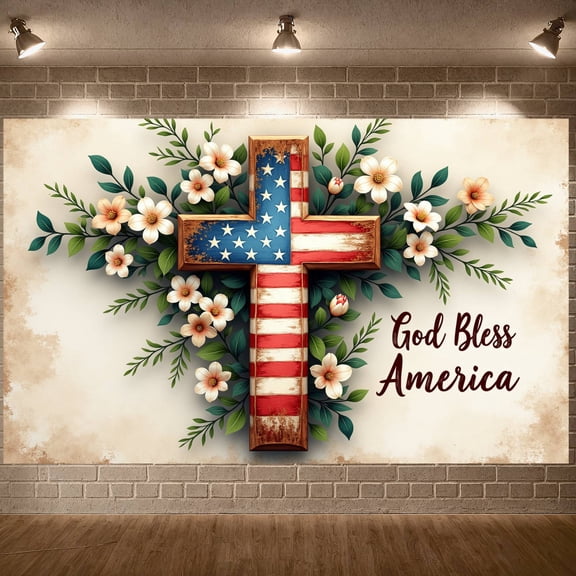 Rustic USA Flag Banner Floral Patriotic Backdrop Cross Shaped Background for 4th of July Celebration Church Events Patriotic Gatherings