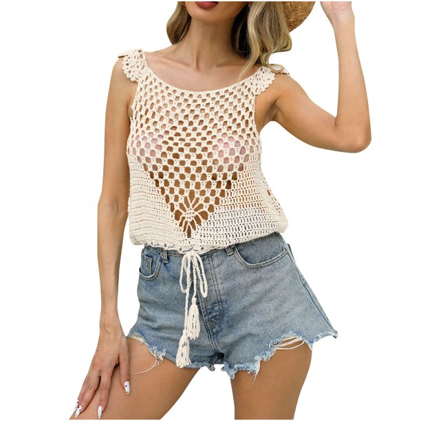 Mujeres Correa Hueca Sobre-Arriba, Verano Cuello Redondo Suéter Cubierta de la Playa para el Uso Informal, Sexy Pequeño Recortado Superior, Ligero Cover-Up