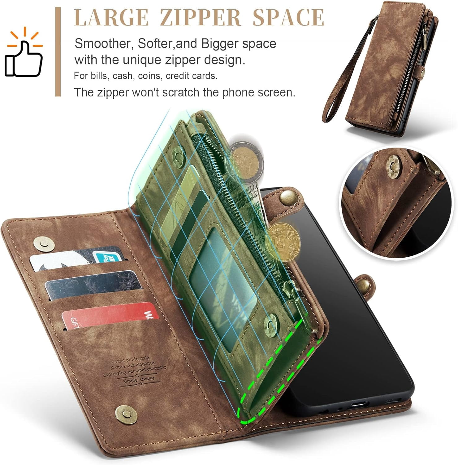 Phone Case for Samsung Galaxy A13 5G Zipper Wallet Detachable Cover with Tempered Glass Screen Protector and Flip Card Holder Cell Accessories Gaxaly A 13 G5 2022 13A A135G SM A136U Men Brown