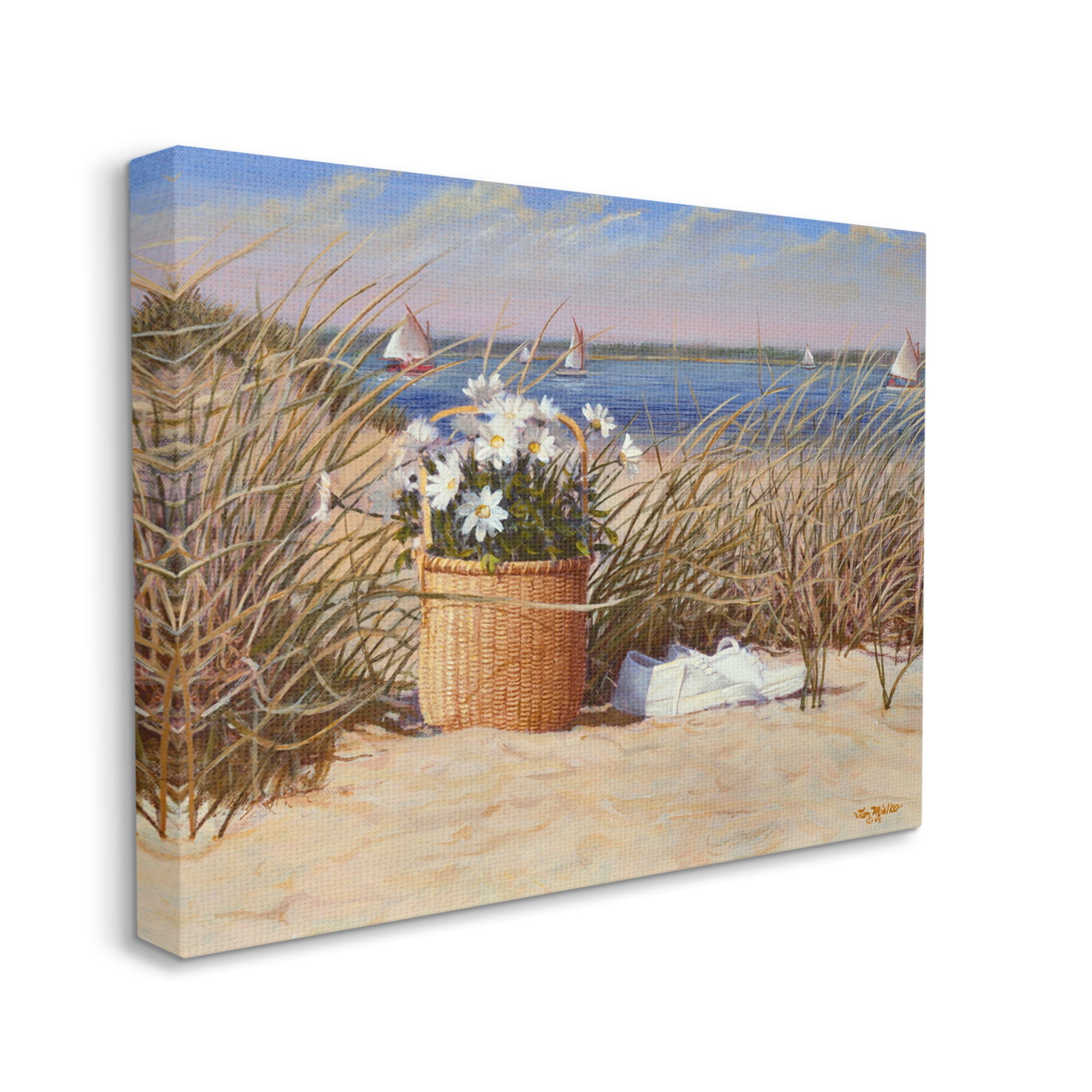 Stupell Industries Coastal Flower Blossom Basket Windblown Beach Grass Painting Gallery Wrapped Canvas Print Wall Art, Design by Tom Mielko