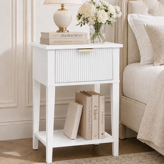 15" Wide Nightstand with Drawer & Shelf, White Fluted Front
