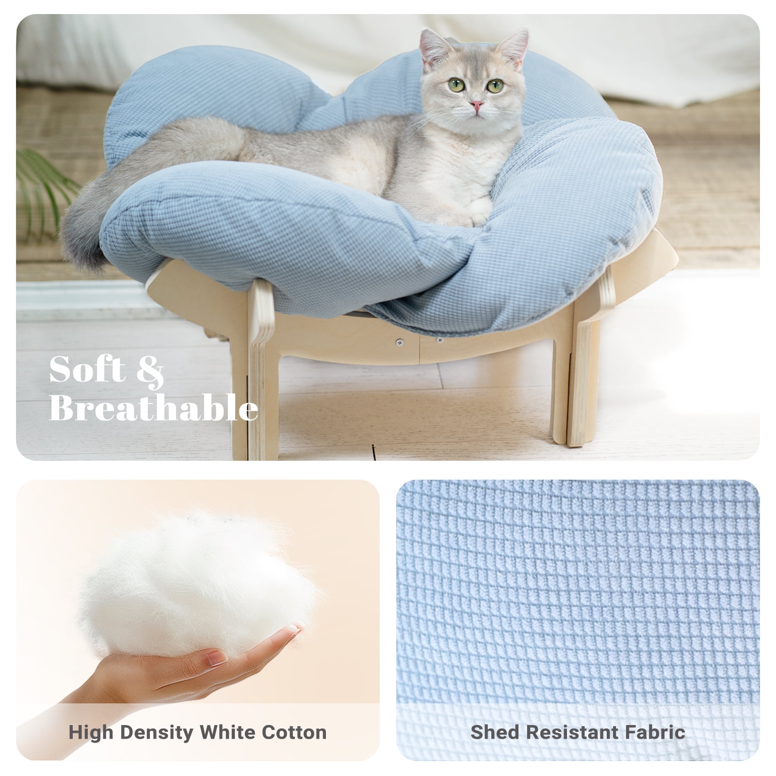 CheerPals Elevated Cat Bed, Washable Flower Pet Cushion with Sturdy Wooden Frame, Heavy-Duty Lounge Chair for Indoor Cats & Small Dogs, Blue
