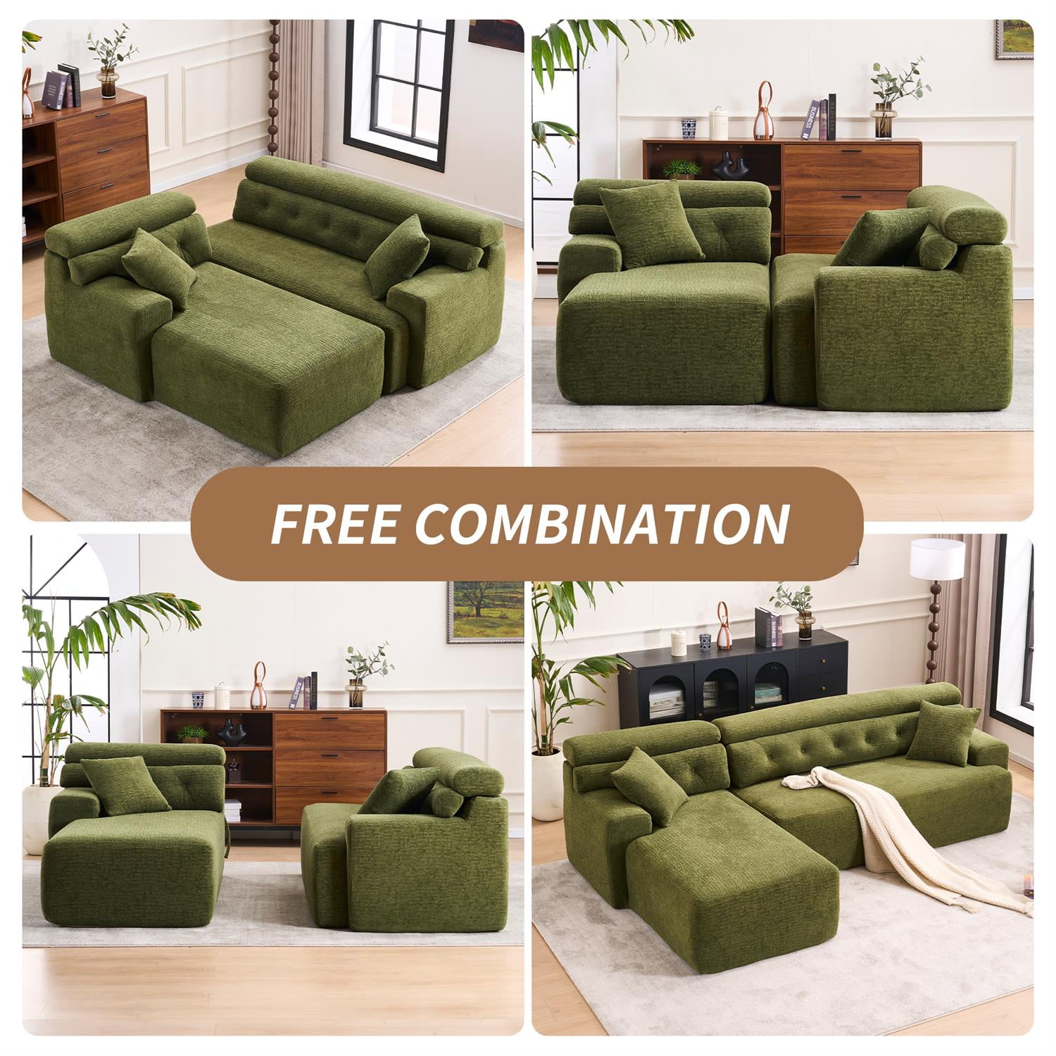 Demi Bonn 105" Modern L-Shaped Sectional Sofa, 3-Seater Couch with Chaise Lounge, 2 Accent Pillows, Wood Grain Chenille Fabric for Living Rooms, Green
