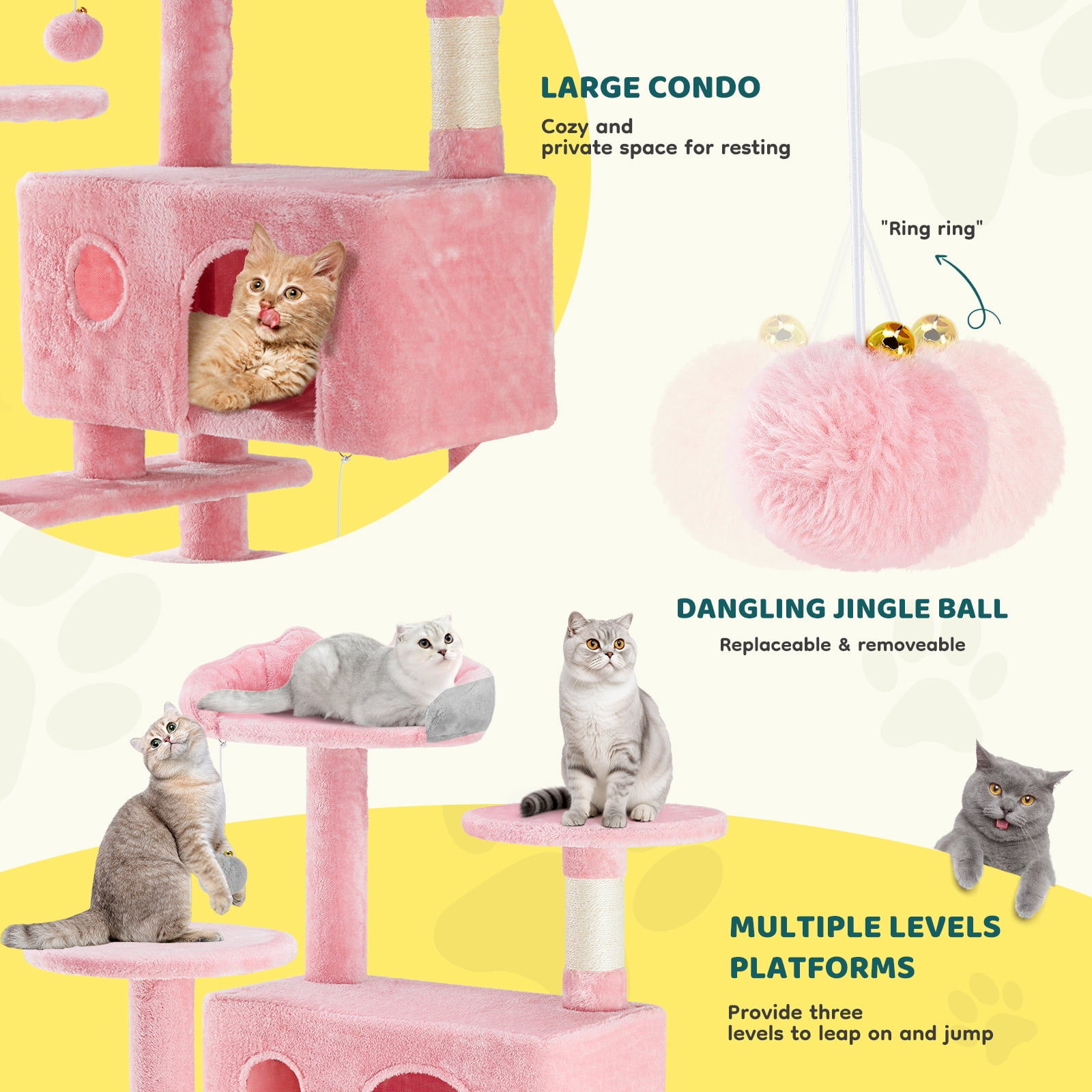 SHOUFTW 54 Indoor Cat Tree Tower, Multi-Layer Design, Sisal Scratching Posts, Spacious Apartment, Climbing Ramp, Kitten Toys, Pink