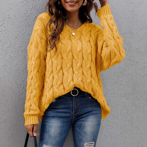 Suéter de cuello en V para mujer, otoño/invierno, nuevo, suéter holgado con capucha y cuello de punto con giros de masa espesa.
