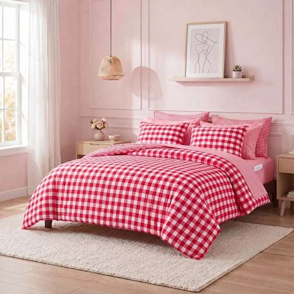 Regency Heights Queen Size Bed in a Bag, 9 Pieces Red Plaid Comforter Set with Sheets and Side Pockets, Reversible Bedding Sets for All Seasons