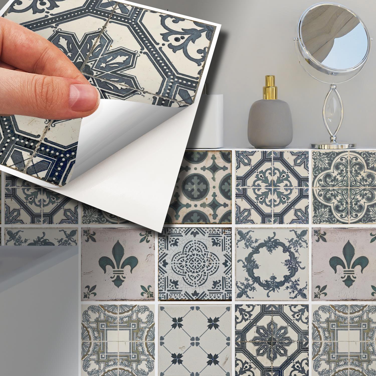 Walplus Peel and Stick Backsplash Vintage Blue Azulejo Wall Tile Decals