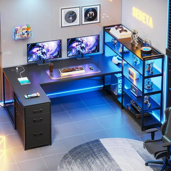 L Shaped Gaming Desk, Reversible U Shaped Computer Desk with Power Outlet and Storage Shelves, Corner Gaming Desk with LED Lights, 3 Fabric Drawers, Black