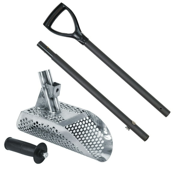 Dune Scoops Poseidon 10" x 5" Stainless Steel Metal Detector Sand Scoop Hexagon Holes w/ Two Handles Including Dune Light & Strong Carbon Fiber Handle