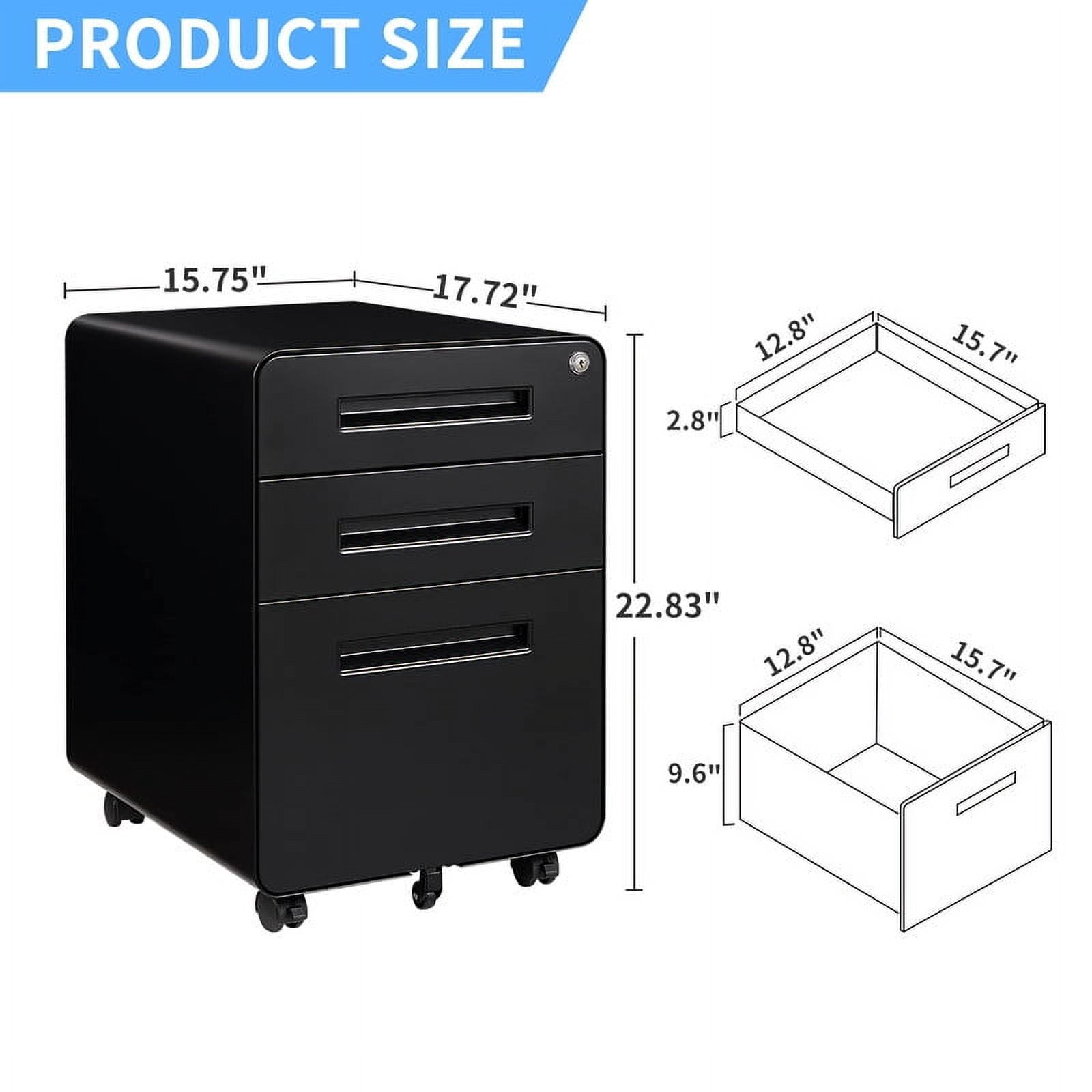 MIIIKO 3-Drawer Rolling File Cabinet, Metal Mobile File Cabinet with Lock, Filing Cabinet Under Desk fits Legal/Letter/A4 Size for Home/Office