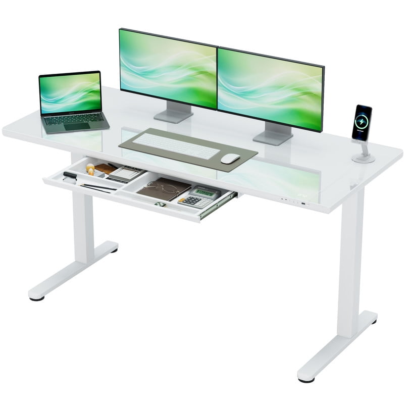 Homall 55" x 24" Glass Top Electric Standing Desk with Drawer, Height Adjustable Desk with Phone Stand & Charging Ports, Sit Stand up for Home Office,White