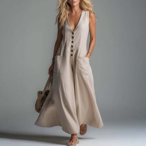 Gamivast Linen Dresses for Women Sleeveless V Neck Button Front Maxi Dress with Pockets Loose Fit Jumper Dress Casual Dress Beach Dress Vacation Dress Beige XL