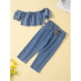 thumbnail image 2 of Franhais Kid Girl Outfits Suit Off-shoulder Short Sleeve Crop Tops High Waist Jeans with Belt Denim Clothes Set, 2 of 9