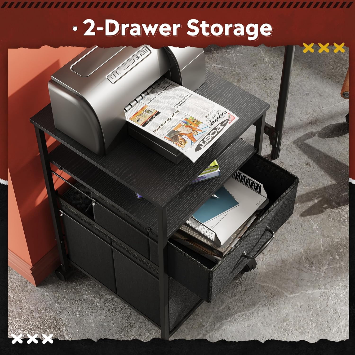 2 Drawer Mobile File Cabinet, Rolling Printer Stand with Open Storage Shelf, Fabric Vertical Filing Cabinet fits A4 or Letter Size for Home Office