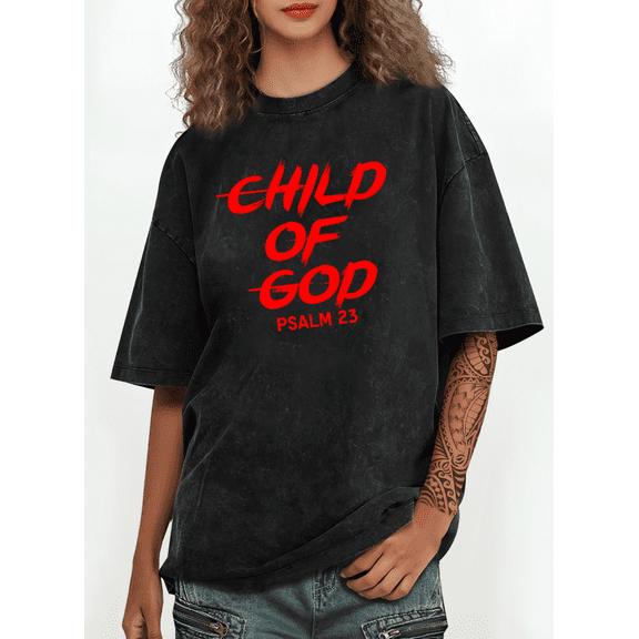 Women Child of God Red Print Graphic Tee Relaxed Fit T Shirt Top Commuting Short Sleeve Round Neck Black S-2XL Plus Size