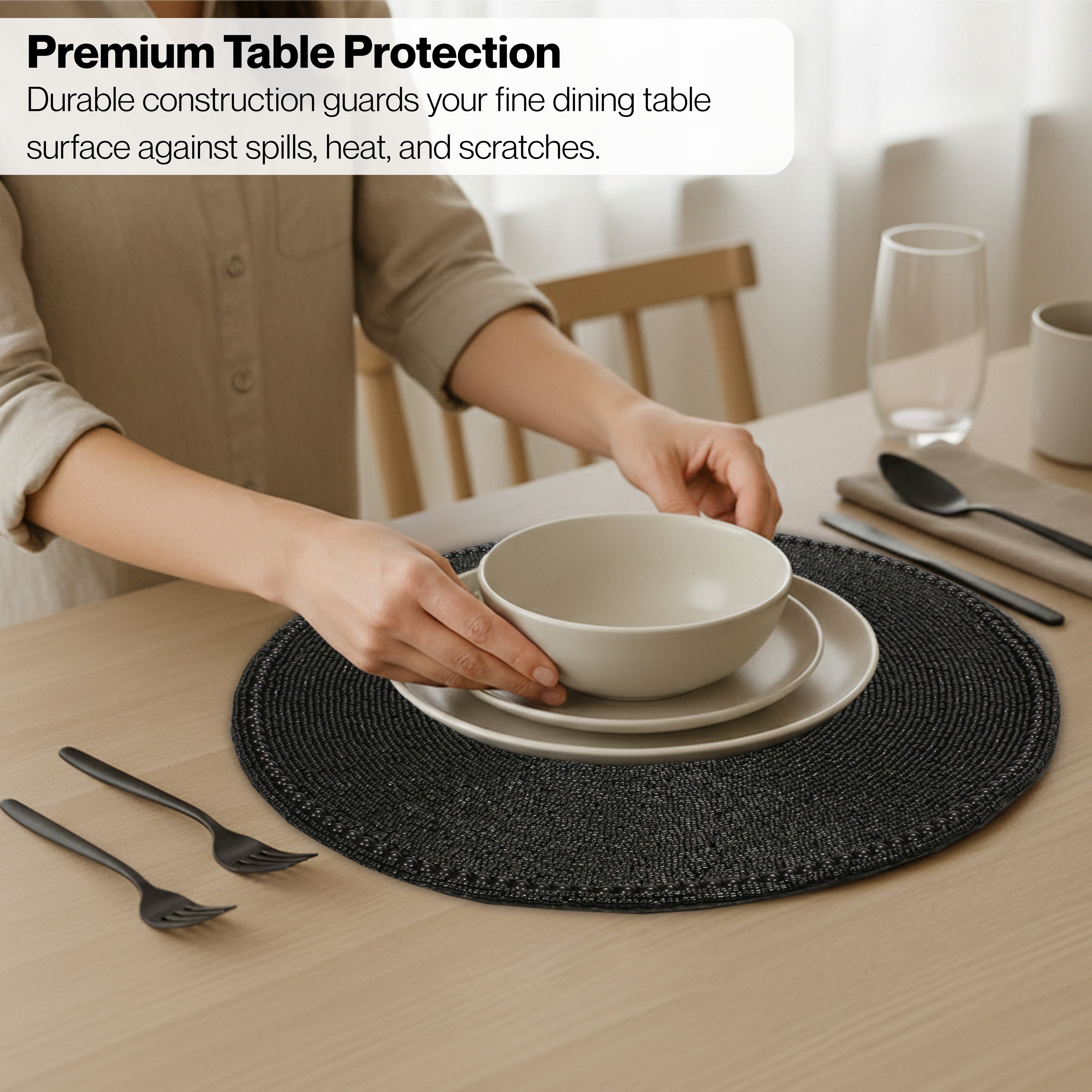Pack of 1 Handcrafted Glass Beaded Placemats - Elegant Round Table Mats for Dining Décor (Jet Black)