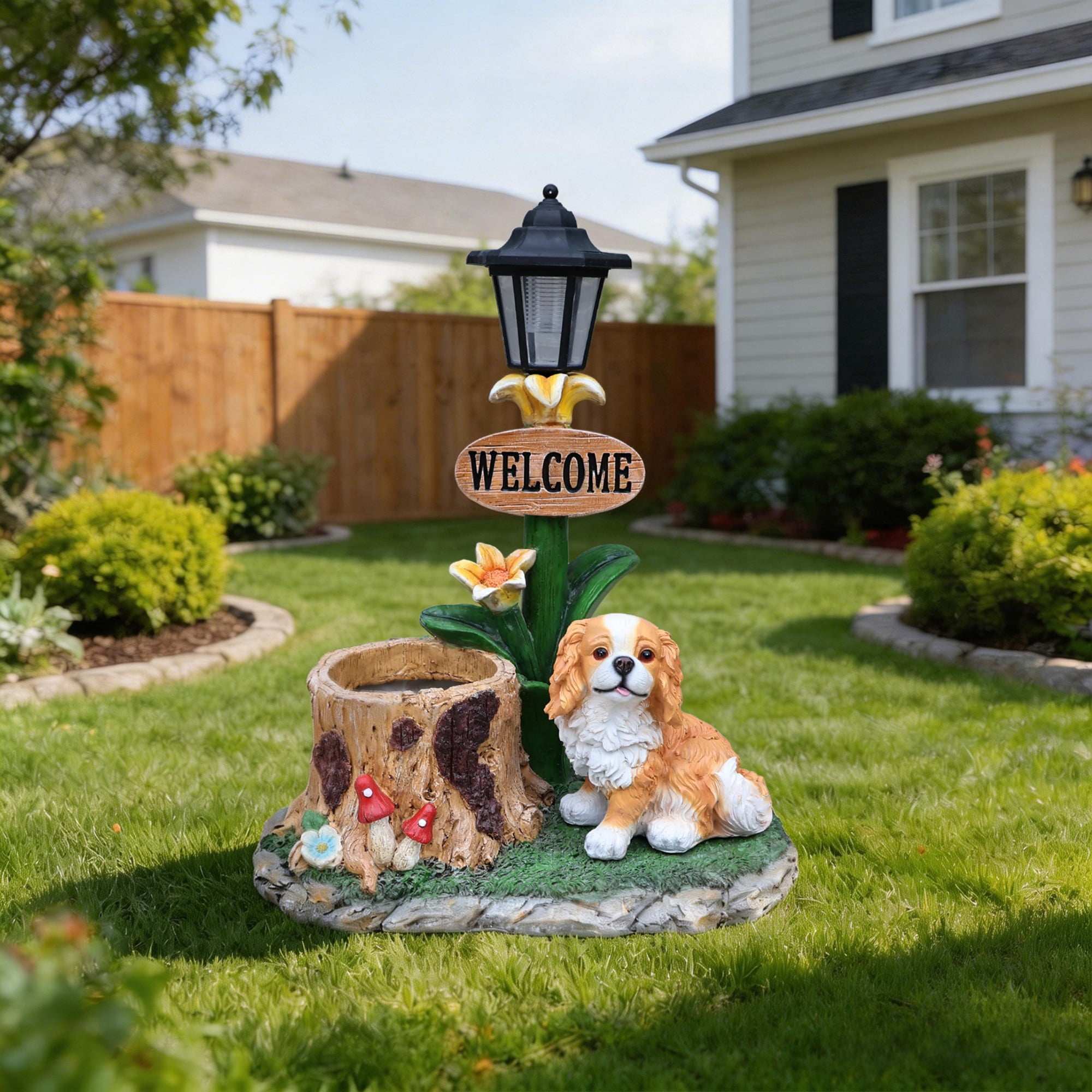 Sitting Dog Solar Lantern Planter Statue with LED Light, Brown Resin Flower Pot Decor, Garden Yard Patio Outdoor