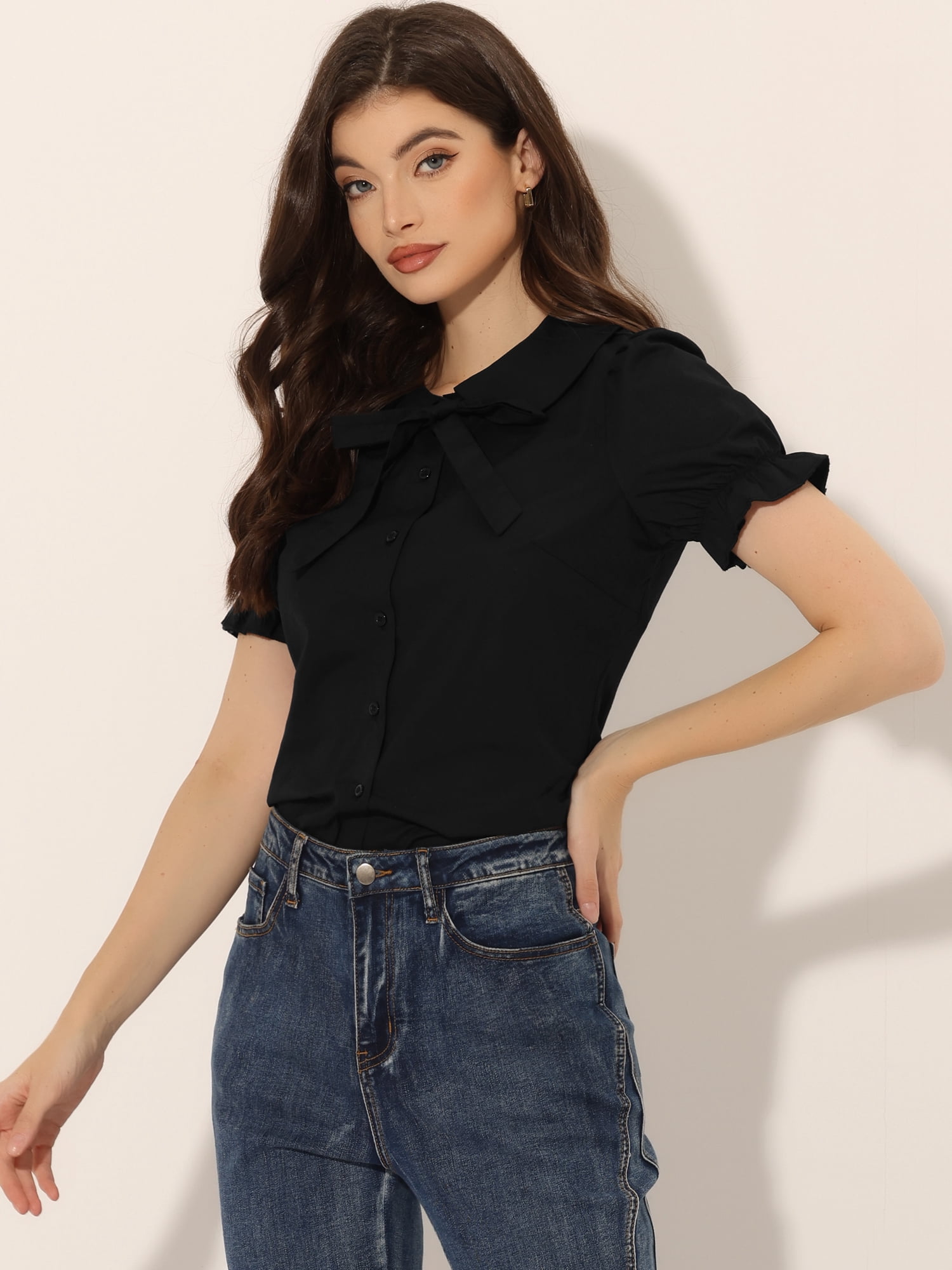 DARING DIVA Women's Puff Sleeve Peter Pan Collar Tie Neck Button-Up Shirt M Black